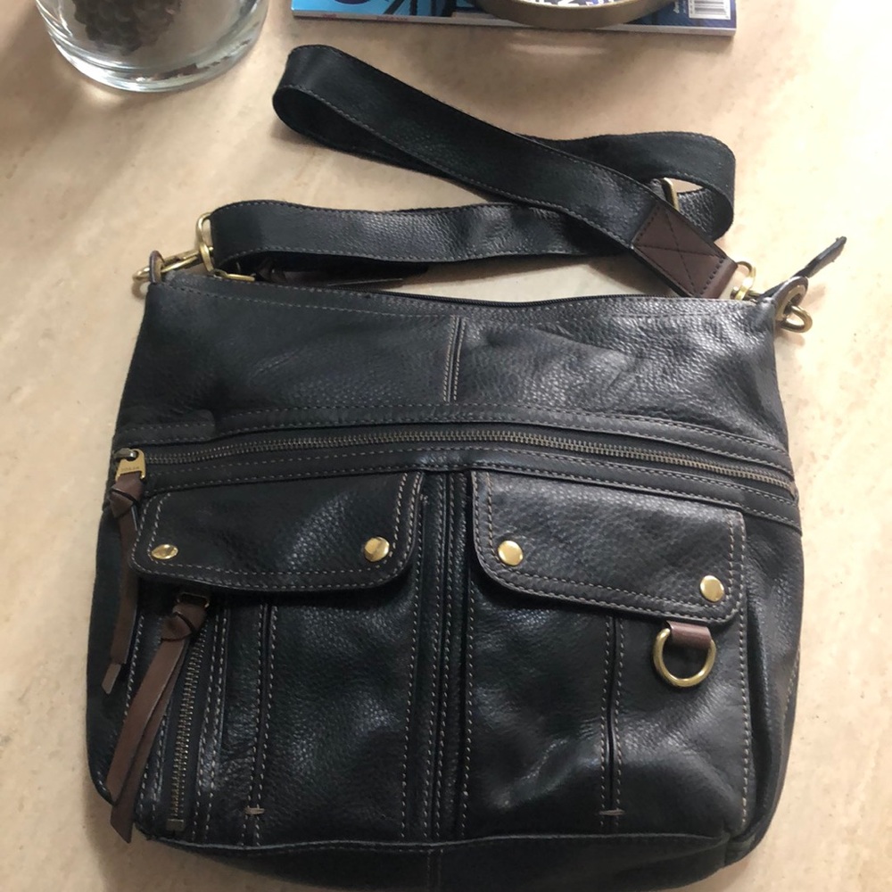 Fossil black leather over shoulder bag